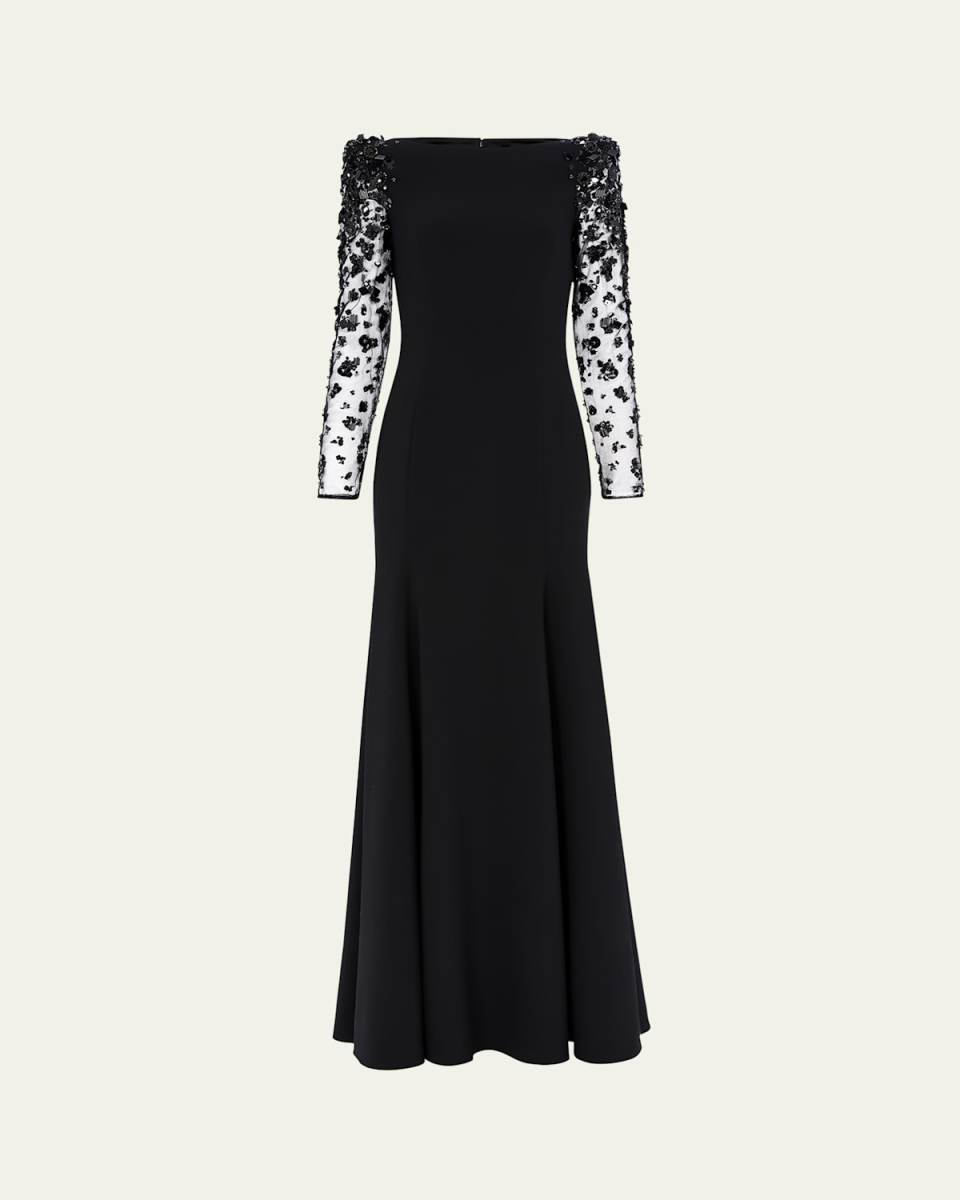 Sylvia Beaded Long-Sleeve Crepe Gown